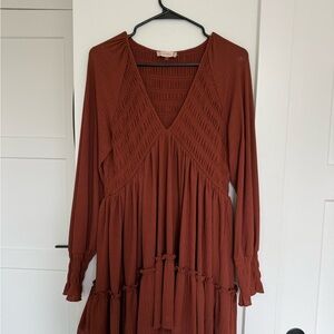 Altar'd State Rust Brown V-Neck Tiered Long Sleeve Dress